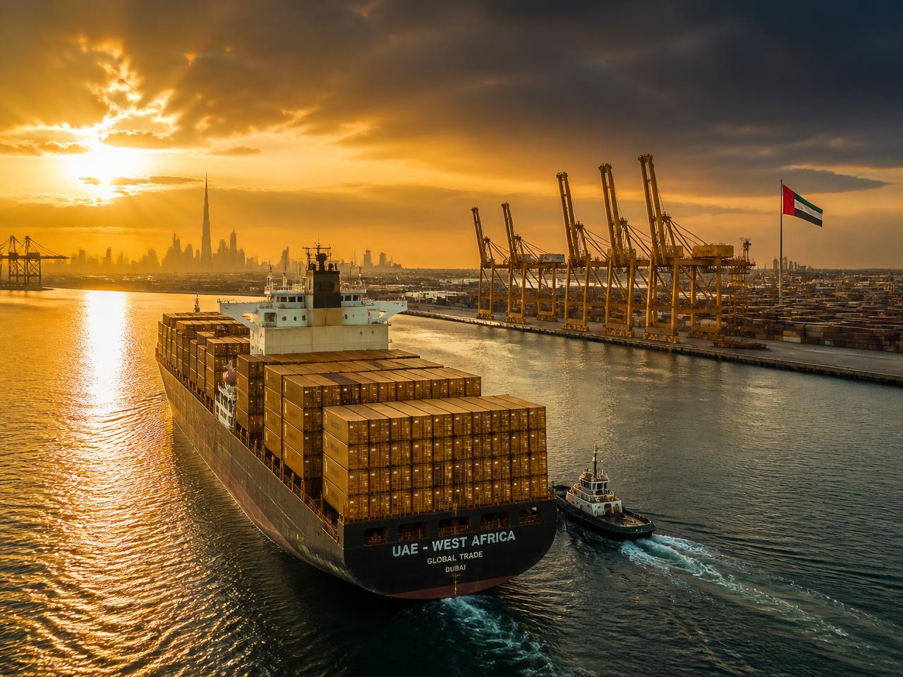 Container ship leaving a UAE port at sunset representing UAE-West Africa trade